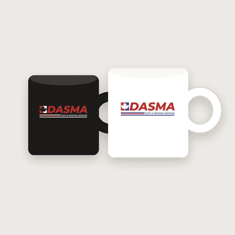 Black and white mugs printed with the Dasma logo