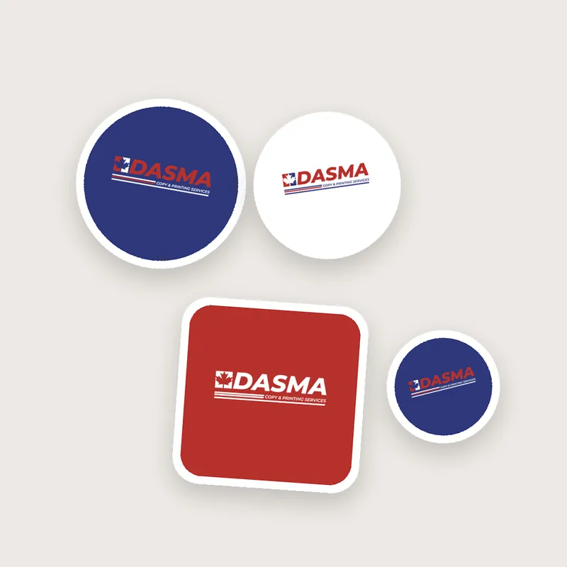 Round and square Dasma stickers in blue, white and red